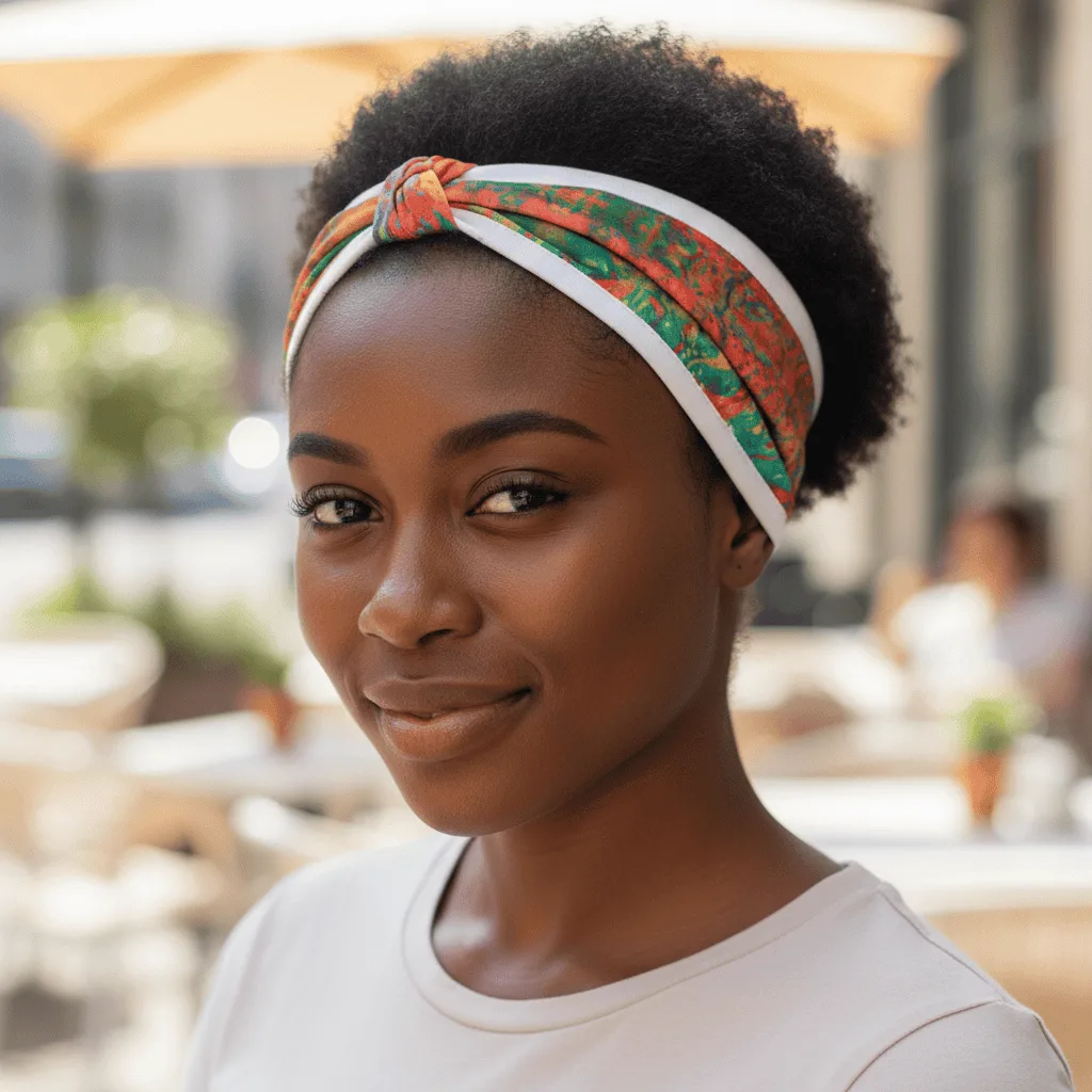 Woman wearing a printed twist headband