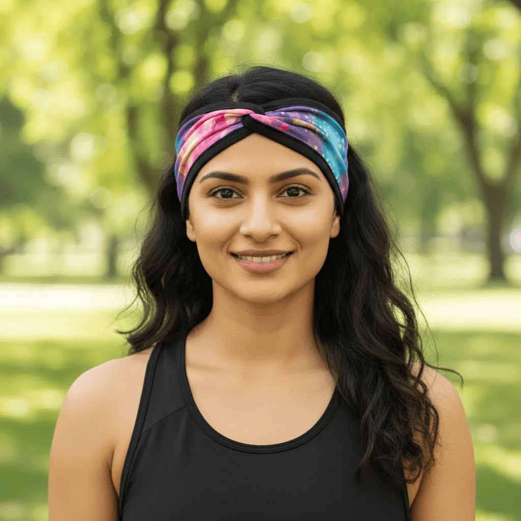 Woman wearing a printed headband outdoors