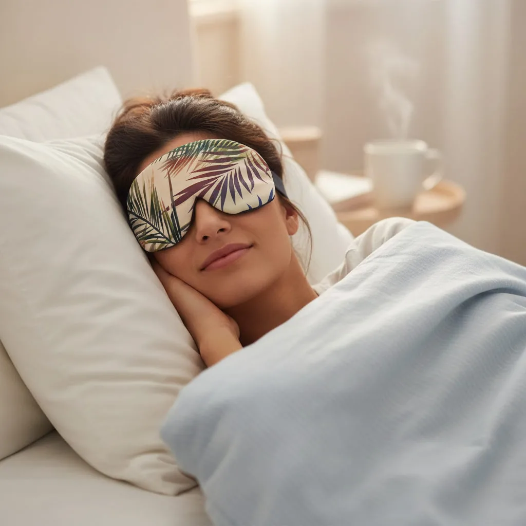 Woman resting in bed in a palm print sleep mask