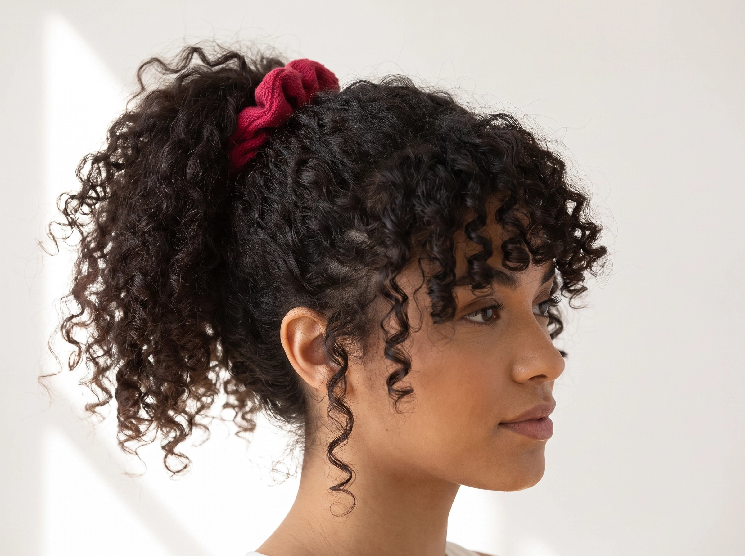 Woman with curly hair wearing a scrunchie