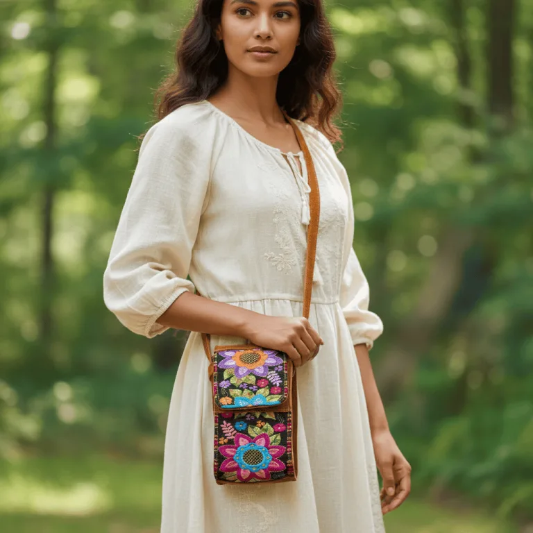Woman wearing an embroidered suede crossbody