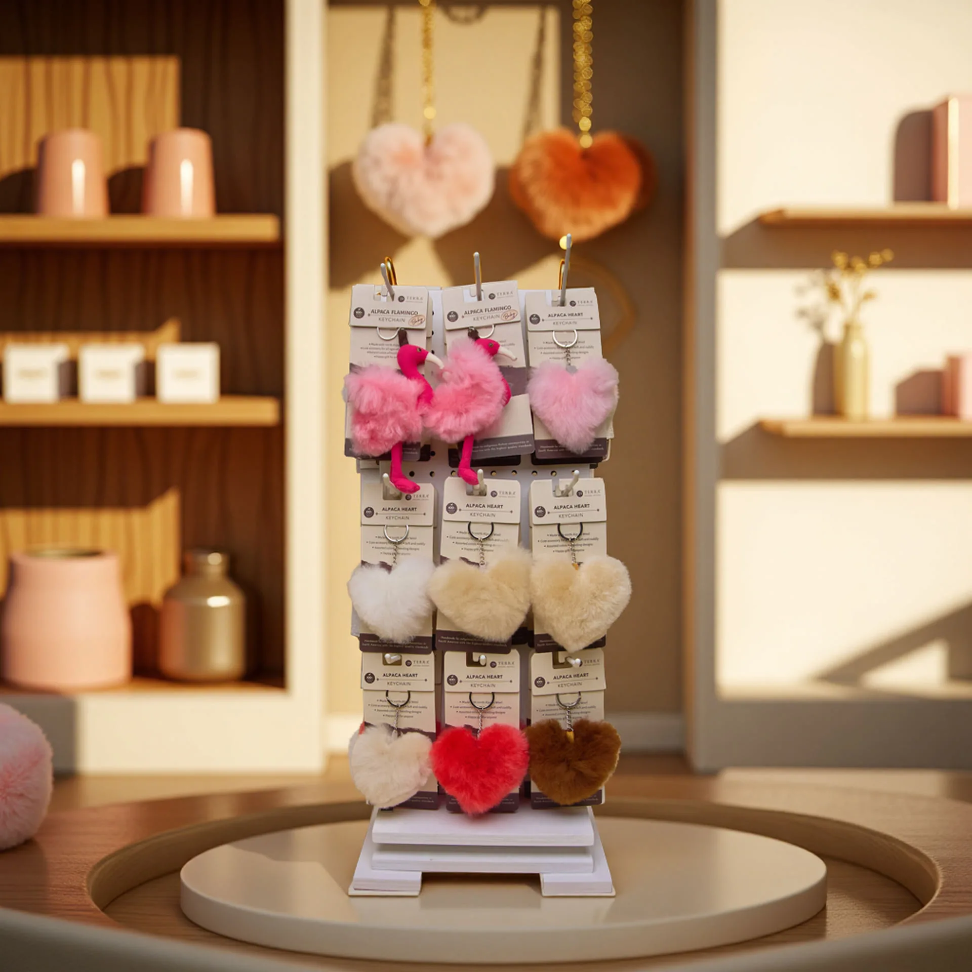 Terra display rack with alpaca heart keychains