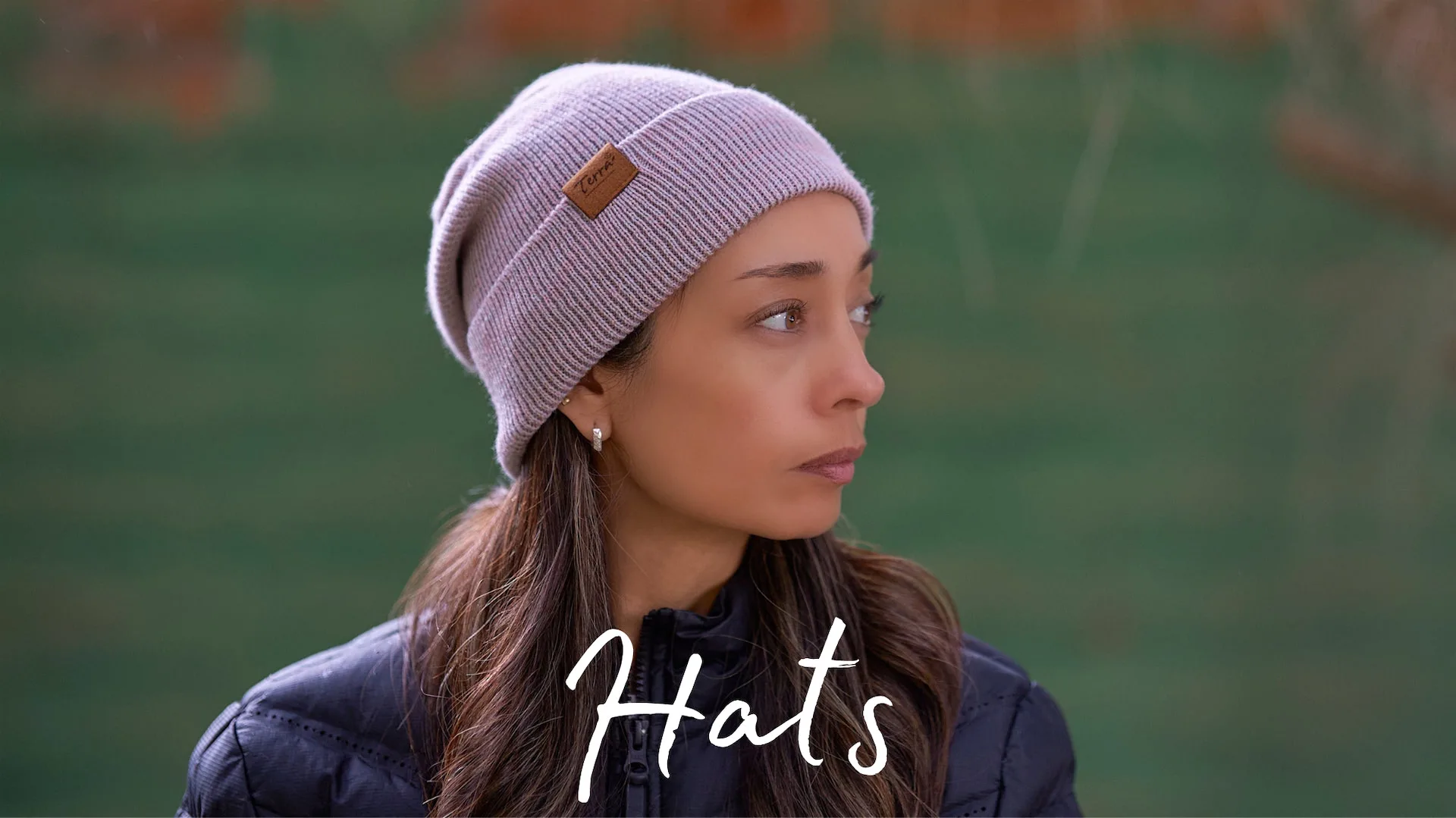Hats: woman in a lilac knit beanie