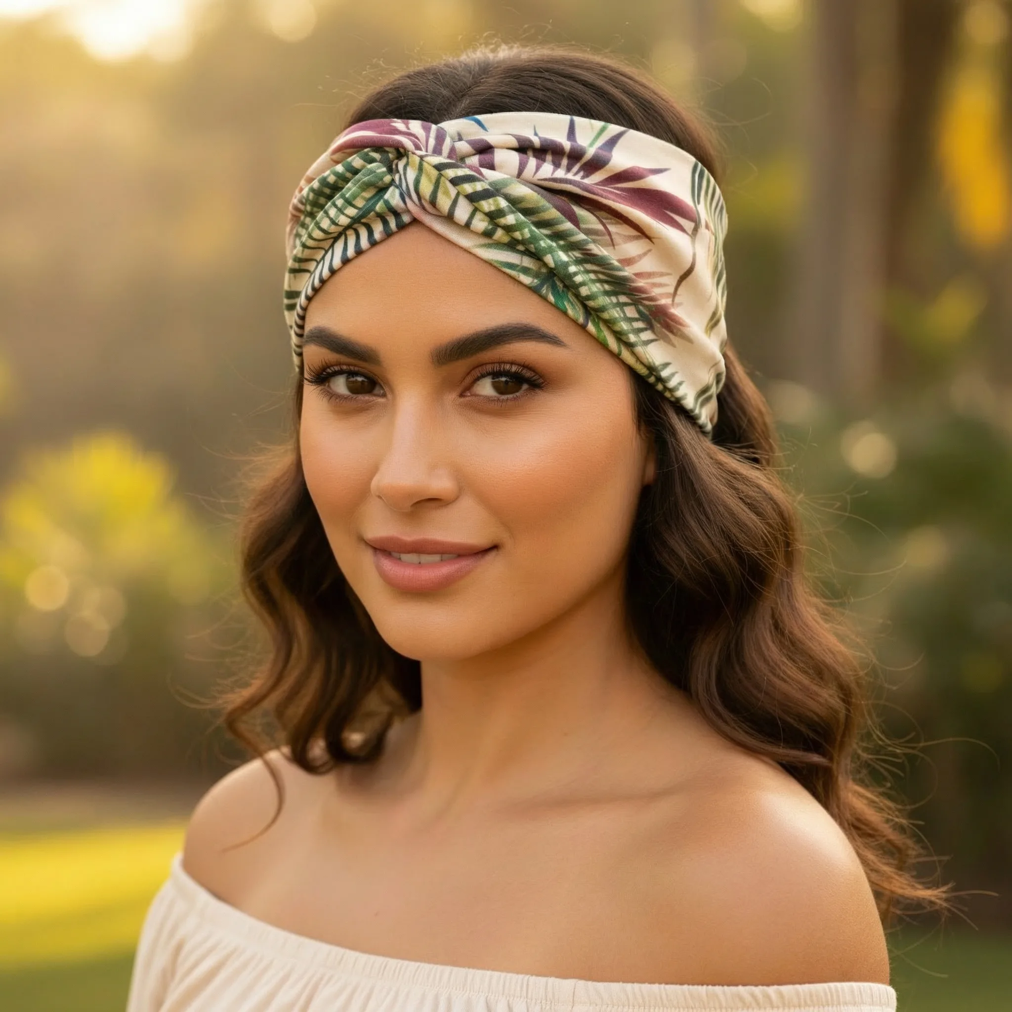 Woman wearing a printed twist headband