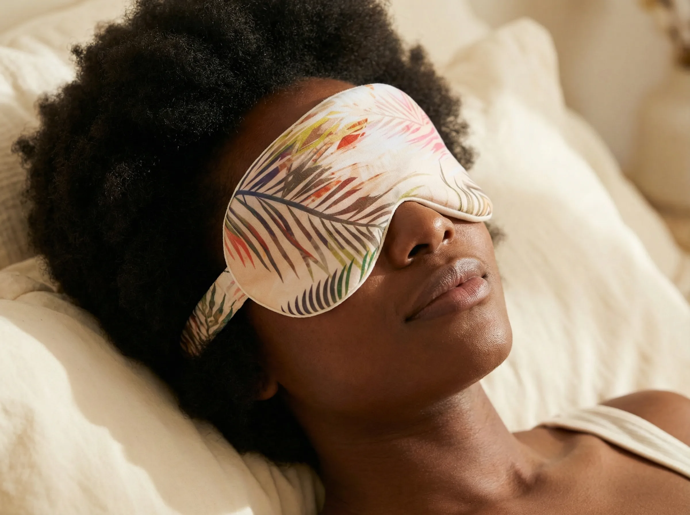 Woman resting in a printed comfort sleep mask