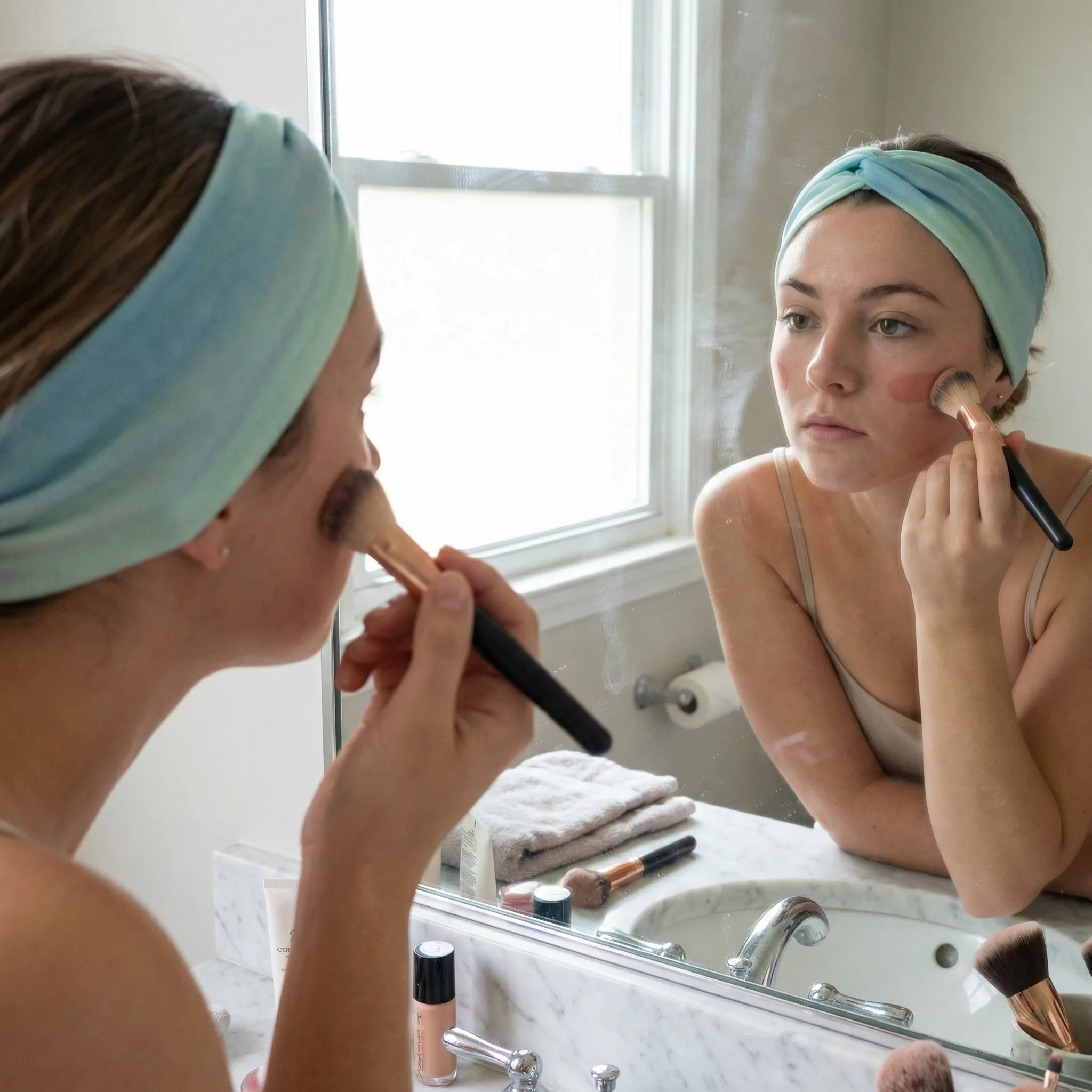 Woman doing her makeup wearing a teal spa headband